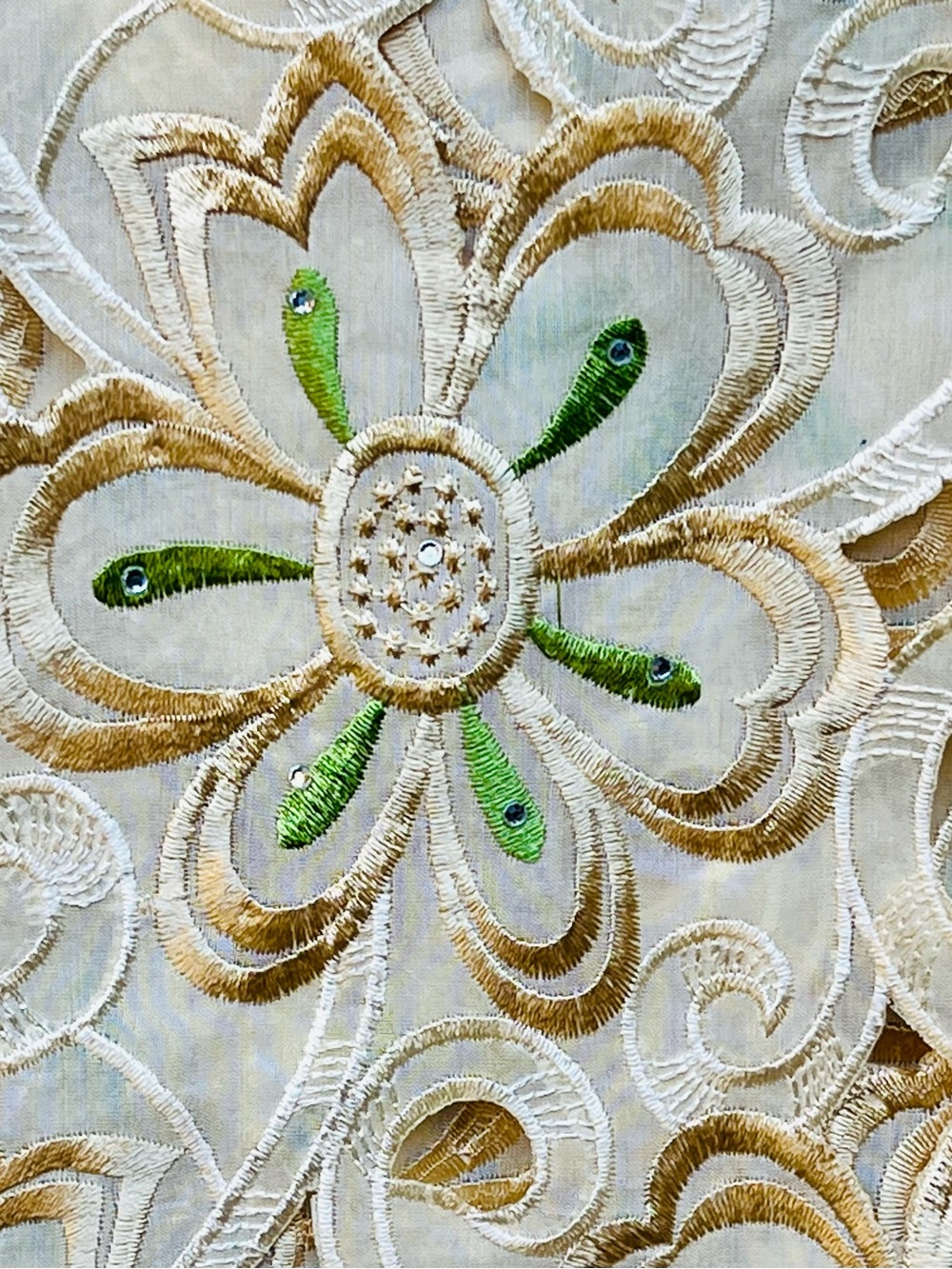 Embroidered Floral cutout Fabric in Cream, Gold & Green